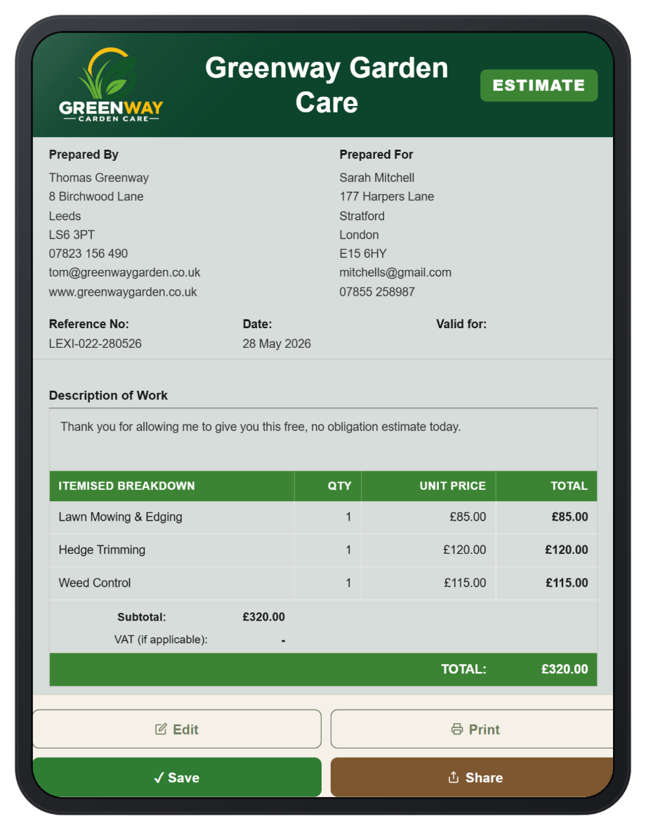 Lexi Handles It — branded estimate on tablet